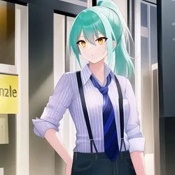 Size: 1024x1024 | Tagged: safe, derpibooru import, editor:jesterofdestiny, machine learning generated, lyra heartstrings, human, anime style, anythingv5, button-up shirt, clothes, denim, dress shi, humanized, image, jeans, necktie, pants, png, ponytail, rolled up sleeves, shirt, solo, suspenders, tomboy