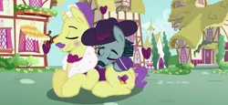 Size: 1024x473 | Tagged: safe, derpibooru import, dandy grandeur, turner mccolt, earth pony, pony, unicorn, awww, clothes, couple, cute, daaaaaaaaaaaw, duo, duo male, eyes closed, facial hair, gay, gay couple, hat, image, male, mccolt family, moustache, png, ponyville, stallion