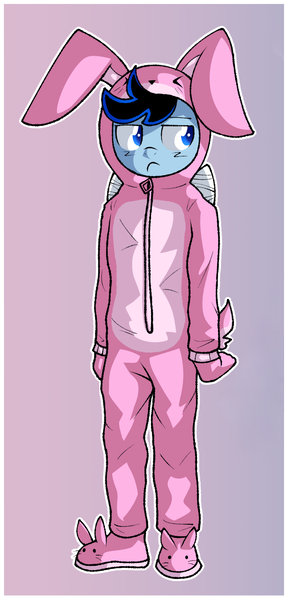 Size: 654x1363 | Tagged: safe, artist:nehmkey, edit, oc, oc:snuggle sparkle pony, unofficial characters only, anthro, pegasus, plantigrade anthro, animal costume, bowtie, bunny costume, bunny slippers, clothes, costume, image, kigurumi, leotard, male, png, shoes, slippers, solo