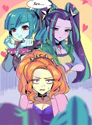 Size: 1129x1534 | Tagged: safe, artist:ceitama, derpibooru import, adagio dazzle, aria blaze, sonata dusk, human, equestria girls, blushing, clothes, heart, image, jpeg, looking at you, smiling, sweat, sweatdrop, text, the dazzlings