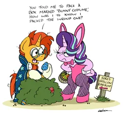Size: 2131x1959 | Tagged: safe, artist:bobthedalek, derpibooru import, starlight glimmer, sunburst, pony, unicorn, basket, bipedal, bunny suit, bush, clothes, easter, easter basket, easter egg, female, frown, holiday, hoof on hip, image, male, mare, png, shipping, sign, simple background, stallion, starburst, starlight glimmer is not amused, straight, unamused, white background