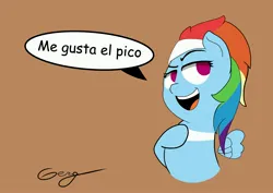 Size: 4096x2896 | Tagged: suggestive, artist:realgero, derpibooru import, rainbow dash, pegasus, pony, brown background, chile, dreamworks face, eyebrows, female, floating wings, high res, hoof on chest, image, implied straight, jpeg, looking at you, mare, open mouth, open smile, raised eyebrow, signature, simple background, smiling, smiling at you, solo, solo female, spa pony rainbow dash, spanish, speech bubble, talking, talking to viewer, wings