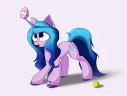 Size: 2138x1620 | Tagged: safe, artist:3naa, derpibooru import, izzy moonbow, pony, unicorn, ball, easter egg, female, g5, image, izzy impaling things, jpeg, mare, open mouth, sports, tennis, tennis ball