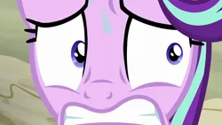Size: 1280x720 | Tagged: safe, derpibooru import, screencap, starlight glimmer, pony, unicorn, to where and back again, anxiety, cute, female, folded wings, glimmerbetes, image, mare, png, ptsd glimmer, solo, sweat, wings