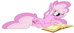 Size: 1280x573 | Tagged: safe, artist:maximumpiracy, derpibooru import, oc, oc:always & forever, earth pony, pony, book, female, image, lying down, magical lesbian spawn, mare, offspring, parent:cheerilee, parent:nurse redheart, png, prone, simple background, transparent background
