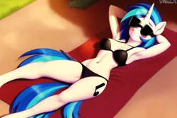 Size: 768x512 | Tagged: suggestive, derpibooru import, machine learning generated, novelai, stable diffusion, vinyl scratch, anthro, unguligrade anthro, arm behind head, armpits, bikini, black bikini, black swimsuit, breasts, cleavage, clothes, female, grass, grin, image, lying down, on back, png, sand, smiling, solo, solo female, sunbathing, swimsuit, towel