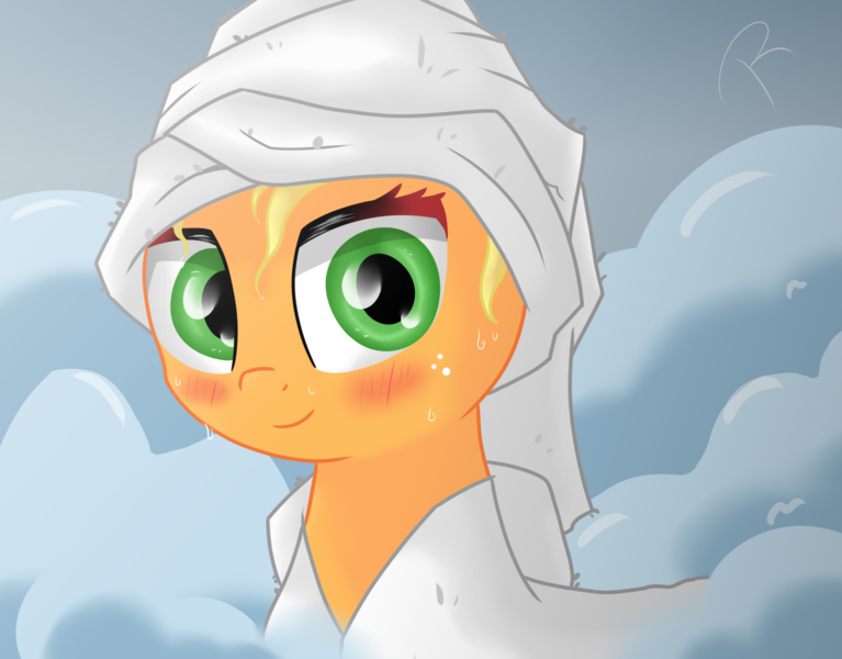 Size: 1380x1080 | Tagged: safe, artist:reinbou, derpibooru import, applejack, earth pony, pony, bathrobe, clothes, female, image, looking at you, mare, png, robe, sauna, solo, spa