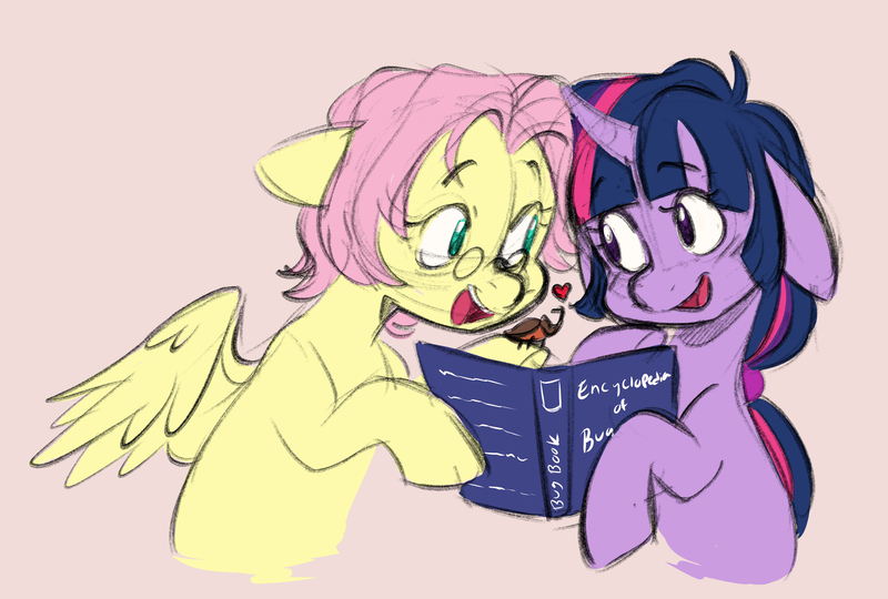 Size: 3693x2492 | Tagged: safe, artist:chub-wub, derpibooru import, fluttershy, twilight sparkle, beetle, insect, pegasus, pony, unicorn, alternate hairstyle, beige background, book, cute, duo, duo female, female, floppy ears, glasses, heart, image, jpeg, mare, open mouth, personality swap, role reversal, shyabetes, simple background, twiabetes, unicorn twilight