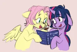 Size: 3693x2492 | Tagged: safe, artist:chub-wub, derpibooru import, fluttershy, twilight sparkle, beetle, insect, pegasus, pony, unicorn, alternate hairstyle, beige background, book, cute, duo, duo female, female, floppy ears, glasses, heart, image, jpeg, mare, open mouth, personality swap, role reversal, shyabetes, simple background, twiabetes, unicorn twilight