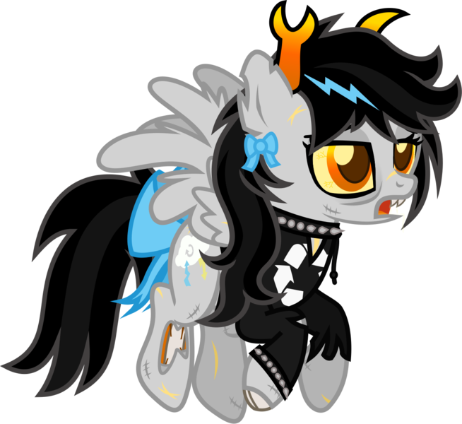 Size: 1283x1177 | Tagged: safe, artist:lightningbolt, derpibooru import, oc, oc:lightning dee, unofficial characters only, pegasus, pony, undead, zombie, zombie pony, .svg available, bags under eyes, bloodshot eyes, bone, bow, bracelet, choker, clothes, colored pupils, colored sclera, derpibooru exclusive, female, flying, homestuck, hoodie, horns, image, lidded eyes, mare, png, scar, simple background, solo, spiked choker, spiked wristband, stitches, tail, tail bow, tattered, torn clothes, torn ear, transparent background, vector, wings, wristband