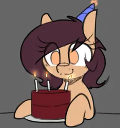 Size: 899x957 | Tagged: safe, artist:lockheart, derpibooru import, oc, oc:lockie, unofficial characters only, earth pony, pony, birthday cake, birthday candles, cake, candle, eye clipping through hair, female, food, gray background, hat, image, jpeg, mare, no pupils, party hat, simple background, smiling, solo