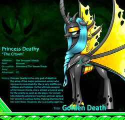 Size: 2340x2234 | Tagged: safe, artist:questionmarkdragon, derpibooru import, changeling queen oc, oc, unofficial characters only, changeling, changeling queen, female, image, lidded eyes, makeup, parent:queen chrysalis, png, smiling, solo, story included
