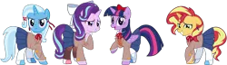 Size: 7977x2287 | Tagged: safe, artist:sketchmcreations, derpibooru import, starlight glimmer, sunset shimmer, trixie, twilight sparkle, twilight sparkle (alicorn), alicorn, pony, unicorn, bow, bowtie, clothes, doki doki literature club, female, floppy ears, frown, hair bow, hair tie, hairclip, hoof on chest, image, looking at you, mare, monika, natsuki, png, raised leg, sayori, school uniform, simple background, skirt, smiling, transparent background, vector, yuri (ddlc)