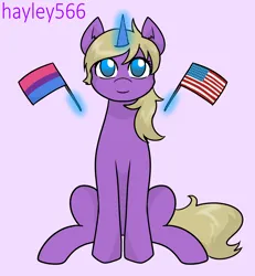 Size: 2448x2655 | Tagged: safe, artist:hayley566, derpibooru import, oc, oc:hay meadow, unofficial characters only, pony, unicorn, american flag, bisexual pride flag, cute, female, flag, glow, glowing horn, horn, image, magic, mare, png, pride, pride flag, purple background, simple background, sitting, solo