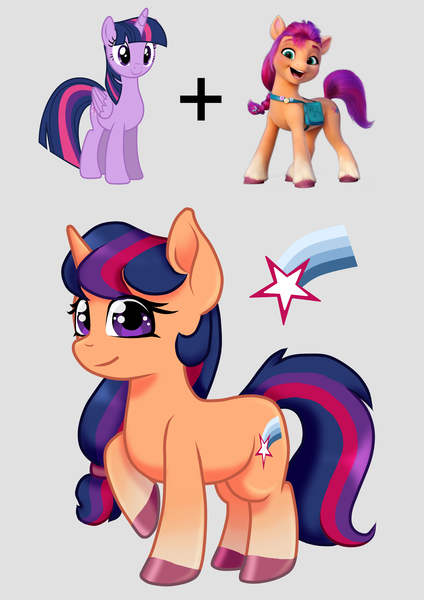 Size: 2893x4092 | Tagged: safe, artist:horsesrnaked, derpibooru import, sunny starscout, twilight sparkle, oc, oc:midday sun, alicorn, earth pony, pony, unicorn, g5, canon, cutie mark, full body, fusion, fusion:sunny starscout, fusion:twilight sparkle, g4, hooves, image, long hair, long mane, long tail, looking at you, png, ponytail, raised hoof, satchel, smiling, standing, tail