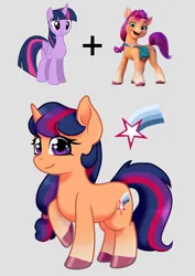 Size: 2893x4092 | Tagged: safe, artist:horsesrnaked, derpibooru import, sunny starscout, twilight sparkle, oc, oc:midday sun, alicorn, earth pony, pony, unicorn, g5, canon, cutie mark, full body, fusion, fusion:sunny starscout, fusion:twilight sparkle, g4, hooves, image, long hair, long mane, long tail, looking at you, png, ponytail, raised hoof, satchel, smiling, standing, tail