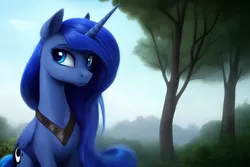 Size: 1920x1280 | Tagged: safe, derpibooru import, editor:dovakkins, machine learning generated, stable diffusion, princess luna, alicorn, pony, beautiful, cute, derpibooru exclusive, ear fluff, female, forest, forest background, image, jewelry, looking back, lunabetes, messy mane, missing accessory, peytral, png, sitting, solo, tree, wings