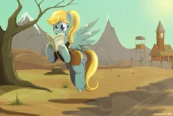 Size: 2175x1450 | Tagged: safe, artist:willoillo, derpibooru import, oc, unofficial characters only, pegasus, pony, fallout equestria, fallout equestria: red 36, bag, commission, desert, fallout, fanfic art, flying, image, open mouth, pegasus oc, png, reading, scenery, solo, spread wings, wasteland survival guide, wings