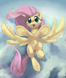 Size: 1106x1297 | Tagged: safe, artist:dotkwa, derpibooru import, fluttershy, pegasus, pony, cute, female, fluttershy day, frog (hoof), image, looking at you, mare, open mouth, open smile, overhead view, png, shyabetes, smiling, smiling at you, solo, spread wings, underhoof, wind, windswept mane, wings