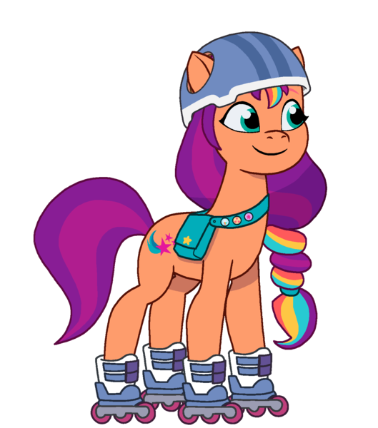 Size: 1398x1586 | Tagged: safe, artist:ben81398, derpibooru import, sunny starscout, earth pony, pony, g5, my little pony: tell your tale, spoiler:g5, bag, female, helmet, image, mare, png, roller skates, saddle bag, simple background, skates, smiling, solo, transparent background