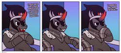 Size: 2100x918 | Tagged: suggestive, artist:pony_dreaming, derpibooru import, king sombra, unicorn, 3 panel comic, armor, black hair, black mane, chair, comic, covering mouth, dialogue, fangs, image, jewelry, open mouth, png, regalia, sitting, smiling, text, throne