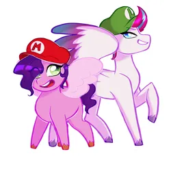 Size: 3300x3300 | Tagged: safe, artist:starsbursts, derpibooru import, pipp, pipp petals, zipp storm, pegasus, pony, g5, cap, clothes, cosplay, costume, crossover, duo, female, grin, hair over one eye, hat, image, luigi's hat, mare, mario & luigi, mario kart, mario's hat, open mouth, parody, pipp is short, png, raised hoof, royal sisters (g5), siblings, simple background, sisters, size comparison, smiling, super mario bros., unshorn fetlocks, white background