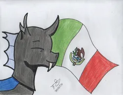 Size: 1150x890 | Tagged: safe, artist:alejandrogmj, derpibooru import, oc, oc:alejandrogmj, changeling, changeling oc, fangs, flag, image, jpeg, mexican flag, simple background, traditional art, white background