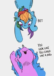 Size: 1993x2789 | Tagged: safe, artist:thefloatingtree, derpibooru import, izzy moonbow, rainbow dash, pegasus, pony, unicorn, g5, blue hair, dialogue, duo, english, female, folded wings, g4, horn, image, jpeg, looking at each other, looking at someone, mare, multicolored hair, open mouth, open smile, pointing, rainbow hair, raised leg, simple background, smiling, white background, wings