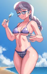 Size: 713x1121 | Tagged: suggestive, artist:tzc, derpibooru import, silver spoon, human, equestria girls, absolute cleavage, beach, belly button, big breasts, bikini, bikini bottom, bikini top, breasts, busty silver spoon, cleavage, clothes, curvy, cute, female, food, glasses, humanized, ice cream, image, jpeg, meganekko, midriff, nail polish, ocean, older, older silver spoon, sand, silverbetes, solo, solo female, spoon, stupid sexy silver spoon, swimsuit, thighs, thong swimsuit, underboob, water, wide hips