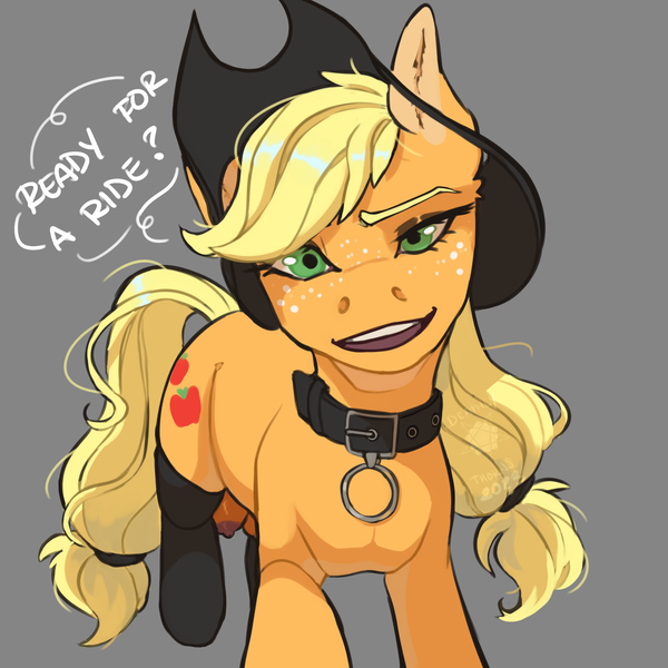 Size: 2000x2000 | Tagged: suggestive, derpibooru import, applejack, earth pony, pony, black socks, breasts, clothes, collar, green eyes, image, kneesocks, looking at you, messy mane, png, smiling, smirk, socks, soft bsdm, solo