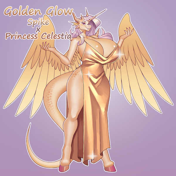 Size: 4500x4500 | Tagged: suggestive, alternate version, artist:nauth, derpibooru import, oc, oc:golden glow, alicorn, anthro, dracony, dragon, hybrid, unguligrade anthro, adoptable, big breasts, breasts, celestia's dragon breeding program, cleavage, clothes, dress, female, gradient background, hatchling, huge breasts, image, interspecies offspring, jpeg, offspring, parent:princess celestia, parent:spike, parents:spikelestia, sexy, solo, solo female