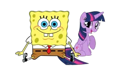 Size: 1920x1080 | Tagged: safe, artist:thxfan2022, derpibooru import, twilight sparkle, twilight sparkle (alicorn), alicorn, pony, crossover, female, happy, image, male, nickelodeon, png, simple background, sitting, smiling, sponge, spongebob squarepants, spongebob squarepants (character), transparent background