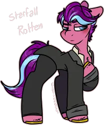 Size: 1306x1565 | Tagged: safe, artist:sexygoatgod, derpibooru import, oc, oc:starfall rotten, unofficial characters only, earth pony, pony, clothes, horseshoes, image, male, png, simple background, solo, stallion, suit, transparent background