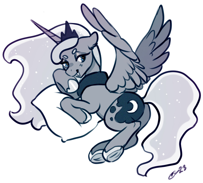 Size: 2940x2650 | Tagged: safe, artist:opalacorn, derpibooru import, princess luna, alicorn, pony, butt, hoof on chin, image, jpeg, lidded eyes, looking at you, looking back, looking back at you, lying down, monochrome, moonbutt, pillow, plot, simple background, solo, spread wings, white background, wings