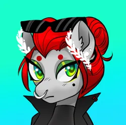 Size: 2973x2951 | Tagged: safe, artist:opalacorn, derpibooru import, oc, oc:void, unofficial characters only, pegasus, pony, beanbrows, clothes, ear piercing, earring, eyebrows, eyeshadow, female, gradient background, image, jacket, jewelry, jpeg, laurel, makeup, mare, mole, nose piercing, nose ring, piercing, solo, sunglasses, sunglasses on head