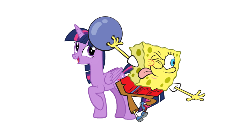 Size: 1920x1080 | Tagged: safe, artist:thxfan2022, derpibooru import, twilight sparkle, twilight sparkle (alicorn), alicorn, pony, bowling, bowling ball, female, image, male, nickelodeon, one eye closed, png, simple background, sponge, spongebob squarepants, spongebob squarepants (character), tongue out, transparent background, wink