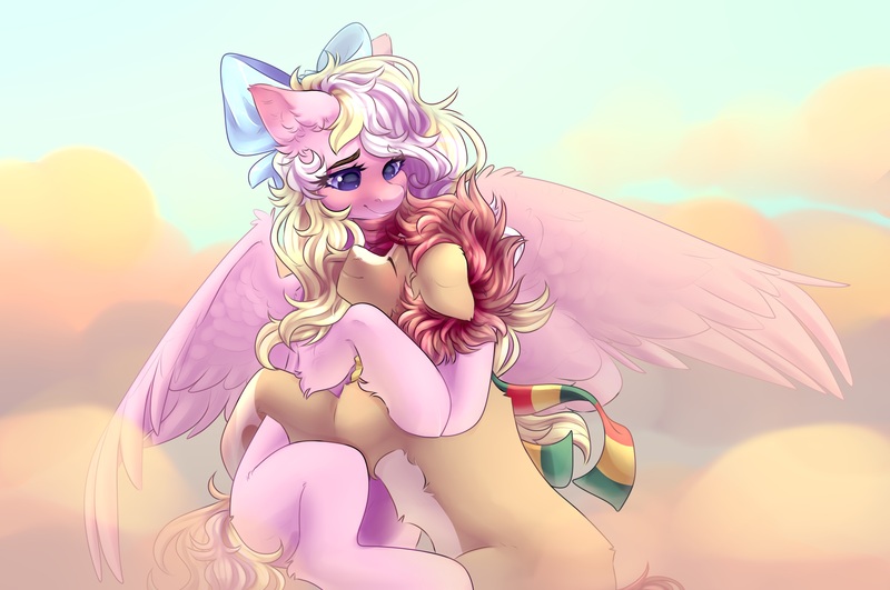 Size: 3096x2056 | Tagged: safe, derpibooru import, oc, oc:bay breeze, oc:pitch pine, earth pony, pegasus, pony, blaze (coat marking), blushing, bow, clothes, coat markings, cute, earth pony oc, eyes closed, facial markings, female, hair bow, hug, image, jpeg, male, mare, outdoors, pegasus oc, scarf, shipping, socks (coat marking), spread wings, stallion, wings