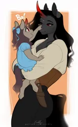 Size: 740x1200 | Tagged: safe, artist:evehly, derpibooru import, king sombra, oc, oc:obelisk, anthro, pony, unguligrade anthro, unicorn, boop, breasts, carrying, cleavage, clothes, curved horn, cute, digital art, dress, female, filly, foal, horn, image, jpeg, mare, mother and child, mother and daughter, noseboop, ocbetes, parents:umbrascotch, queen umbra, rule 63, smiling, unicorn oc