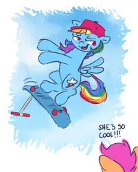 Size: 2472x3079 | Tagged: safe, artist:thefloatingtree, derpibooru import, rainbow dash, scootaloo, pegasus, pony, cap, cloud, dialogue, duo, female, filly, foal, g4, hat, image, jpeg, kickflip, looking at someone, mare, multicolored hair, purple hair, rainbow hair, scooter, simple background, sky, solo focus, spread wings, trick, white background, wings
