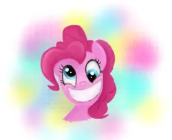Size: 1447x1173 | Tagged: safe, artist:seshirubonsebon, derpibooru import, pinkie pie, earth pony, pony, abstract background, big grin, bust, derp, grin, image, jpeg, smiling, solo