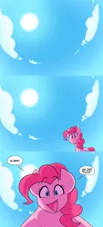 Size: 1536x3396 | Tagged: safe, artist:averysweatyboy, derpibooru import, pinkie pie, earth pony, pony, comic, dialogue, female, high res, image, looking at you, low angle, mare, png, signature, solo, speech bubble, talking to viewer
