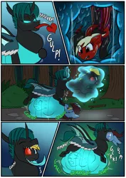 Size: 2200x3100 | Tagged: semi-grimdark, suggestive, artist:swiftsketchpone, derpibooru import, oc, oc:eco stigma, oc:scarlet sound, oc:shade demonshy, oc:swift sketch, changeling, comic, digestion, face imprint, image, levitation, magic, png, scared, stomach noise, tail, tail sticking out, telekinesis, vore