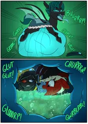 Size: 2200x3100 | Tagged: suggestive, artist:swiftsketchpone, derpibooru import, oc, oc:eco stigma, oc:scarlet sound, oc:shade demonshy, oc:swift sketch, changeling, burp, digestion, eaten alive, image, internal, melting, melty digestion, png, stomach noise, tongue out, vore