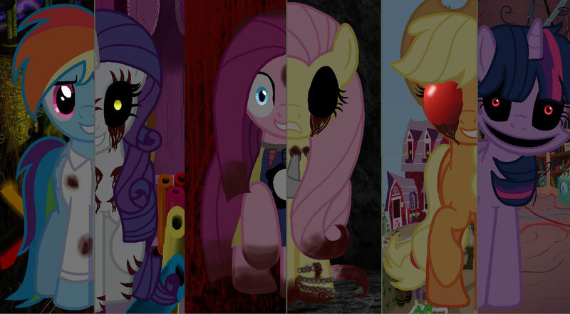 Size: 1280x704 | Tagged: grimdark, artist:prismborealisdash, derpibooru import, applejack, fluttershy, pinkie pie, rainbow dash, rarity, twilight sparkle, earth pony, pegasus, pony, unicorn, fanfic:cupcakes, fanfic:rainbow factory, apple eyes, bleeding, bleeding eyes, blood, carousel boutique, chains, clothes, crying, curtains, cutie mark dress, dress, fabric, fanfic art, female, golden oaks library, group, horn, horn necklace, image, injured, jewelry, jpeg, library, lil miss rarity, mane six, mare, missing eye, necklace, pinkamena diane pie, rainbow factory dash, sextet, sweet apple acres, tears of blood, unicorn twilight, what my cutie mark is telling me, wingding eyes, zalgo