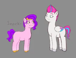 Size: 848x645 | Tagged: safe, artist:briarlight, derpibooru import, pipp petals, zipp storm, pegasus, pony, g5, chubby, chubby cheeks, chuckle, derpibooru exclusive, duo, duo female, eyebrows, female, height difference, image, png, raised eyebrow, royal sisters (g5), siblings, sisters, zipp slob