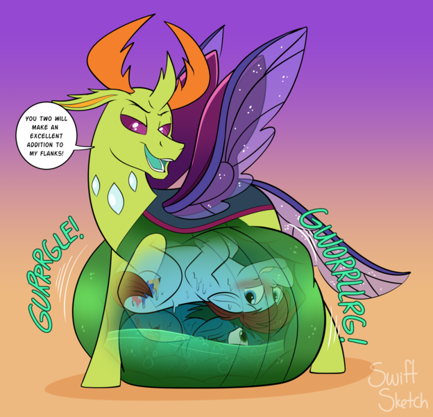 Size: 1972x1895 | Tagged: suggestive, artist:swiftsketchpone, derpibooru import, thorax, oc, oc:rune chisel, oc:swift sketch, changedling, changeling, digestion, image, king thorax, png, vore