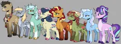 Size: 3671x1351 | Tagged: safe, artist:zowwyroo, derpibooru import, bon bon, derpy hooves, doctor whooves, lyra heartstrings, starlight glimmer, sunset shimmer, sweetie drops, time turner, tree hugger, trixie, earth pony, pegasus, pony, unicorn, chest fluff, clothes, cloven hooves, curved horn, ear piercing, earring, glasses, gray background, horn, image, jewelry, piercing, png, scarf, simple background, unshorn fetlocks