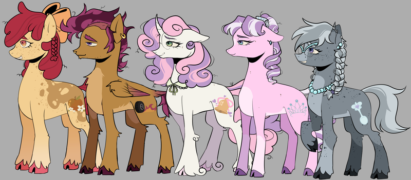 Size: 2348x1030 | Tagged: safe, artist:zowwyroo, derpibooru import, apple bloom, diamond tiara, scootaloo, silver spoon, sweetie belle, earth pony, pegasus, pony, unicorn, alternate cutie mark, bow, braid, cloven hooves, cutie mark crusaders, ear piercing, earring, glasses, gray background, hair bow, image, jewelry, male, necklace, nose piercing, nose ring, piercing, png, simple background, trans male, transgender, unshorn fetlocks