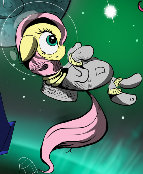 Size: 1584x1921 | Tagged: dead source, safe, artist:hereticofdune, derpibooru import, edit, fluttershy, pegasus, pony, cropped, image, png, space, space helmet, spacesuit, stars