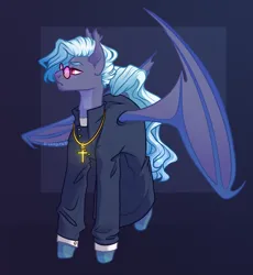 Size: 3122x3392 | Tagged: safe, artist:dreamyrat, derpibooru import, oc, unofficial characters only, bat pony, pony, undead, vampire, bat pony oc, bat wings, blue mane, clothes, commission, cross, ear fluff, glasses, image, male, pink eyes, png, priest, simple background, solo, stallion, wings
